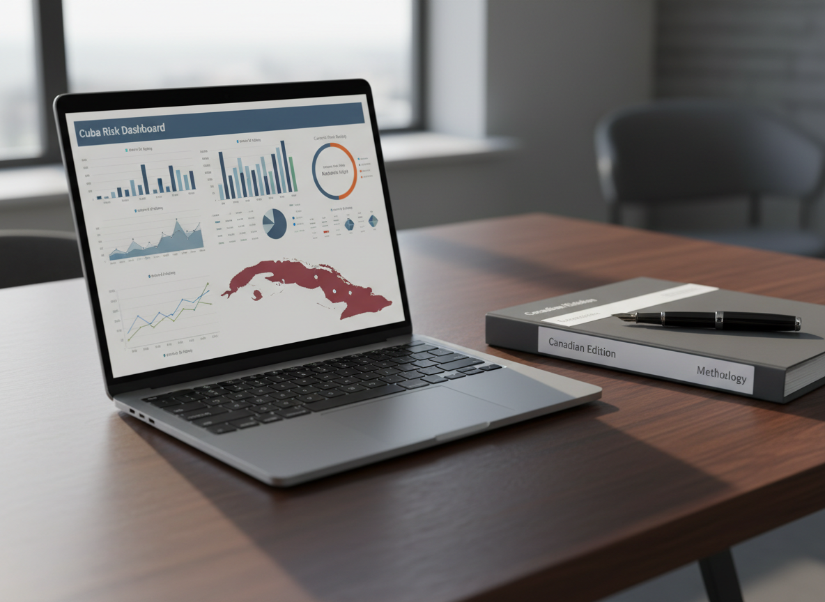 A polished, modern workstation with a slim silver laptop open to a detailed Cuba risk dashboard, showing charts, risk ratings, and a small map of Cuba highlighted in muted red tones. The laptop rests on a dark wood desk alongside neatly stacked briefing folders labeled “Canadian Edition” and “Methodology,” with a fountain pen placed precisely on top. Daylight from a large window to the left casts soft, diffused light across the scene, creating gentle reflections on the laptop screen and subtle shadows from the folders. Captured from a slightly elevated angle with a shallow depth of field, the focus remains on the screen’s data visualizations. The atmosphere is calm, focused, and rigorously professional, rendered in clean, realistic photographic style.