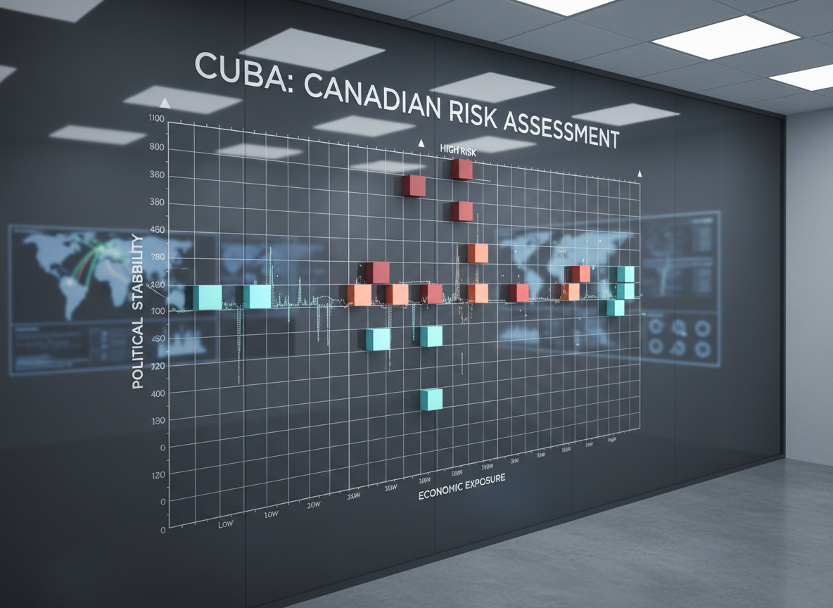 A large, detailed political and economic risk matrix displayed on a sleek, dark charcoal glass wall in a minimalist, high-tech analysis room. The grid shows colored cubes and glowing data points representing varying risk levels for Cuba from a Canadian perspective, with clearly legible axis labels like “Political Stability” and “Economic Exposure.” Soft, cool white overhead lighting creates crisp reflections on the glass surface and subtle shadows on the floor, enhancing clarity and precision. Shot at eye level with a slightly wide angle, the foreground focuses sharply on the matrix while background screens and maps fade into a gentle bokeh. The mood is professional, analytical, and authoritative, with clean photographic realism emphasizing objectivity and data-driven insight.