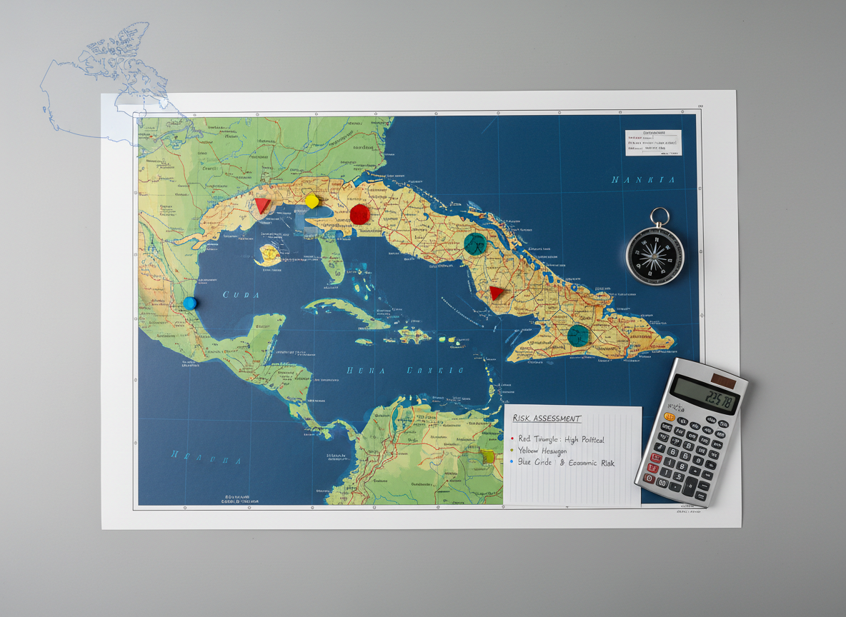 A close-up of a glossy, detailed map of Cuba printed on high-quality matte paper laid flat on a neutral grey table, with Canada outlined faintly in the top corner as a subtle reference. Colored transparent markers and precise geometric icons indicate varying levels of political and economic risk across regions of Cuba. A metallic compass, a slim scientific calculator, and a neatly annotated legend sit nearby, hinting at meticulous analysis. Soft overhead studio lighting produces even illumination with minimal glare, capturing every fine line and printed texture. Shot from directly above in a crisp bird’s-eye view, the composition is balanced and methodical. The mood is analytical and objective, with clean photographic realism underscoring serious, research-driven work.